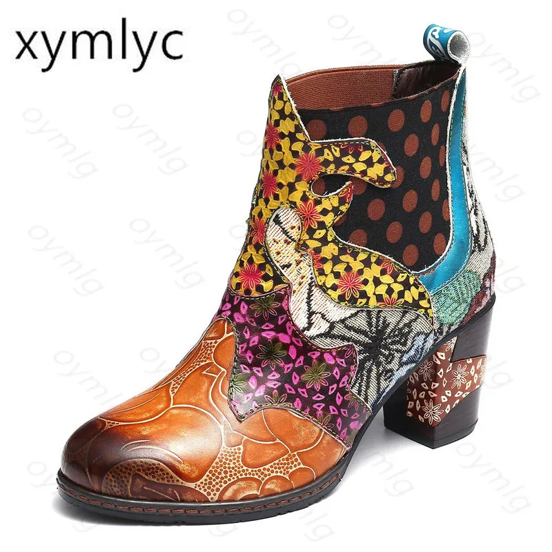 

Vintage Leather Printed Ankle Boots For Women Shoes Retro Block High Heels Winter Antumn Women Boots 2020 Fashion Booties