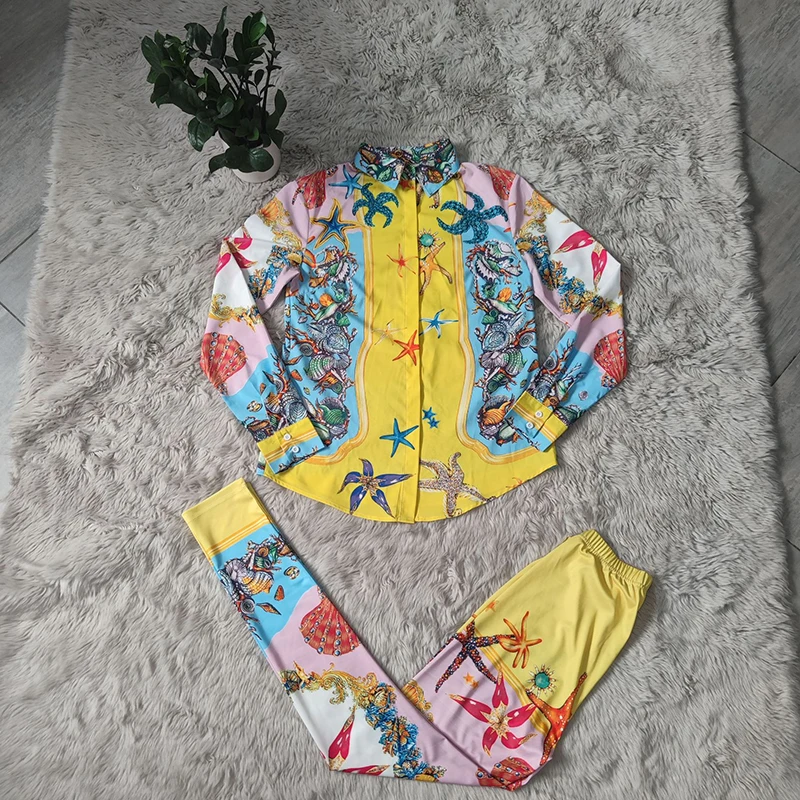 

Kricesseen Sexy Print Marine life Two Pieces Pant Set New Women Long Sleeve Shirt And Long Pants Suit Sportwear Matching Set