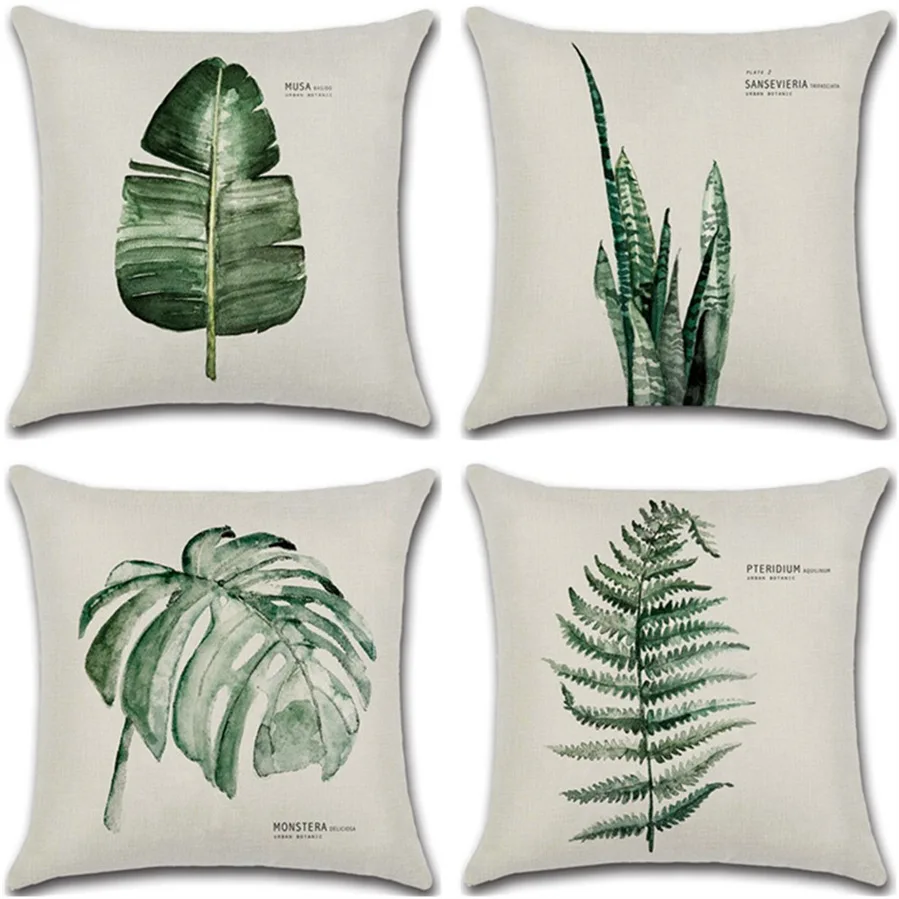 

Tropical Plants Palm Leaf Green Leaves Monstera Cushion Covers Hibiscus Flower Cushion Cover Decorative Beige Linen Pillow Case