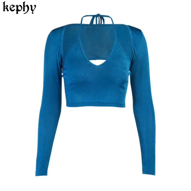 

Women's2021 summer T shirt new hanging neck sexyV-neck sling long-sleeve two-piece Tees y2k top goth tops for women