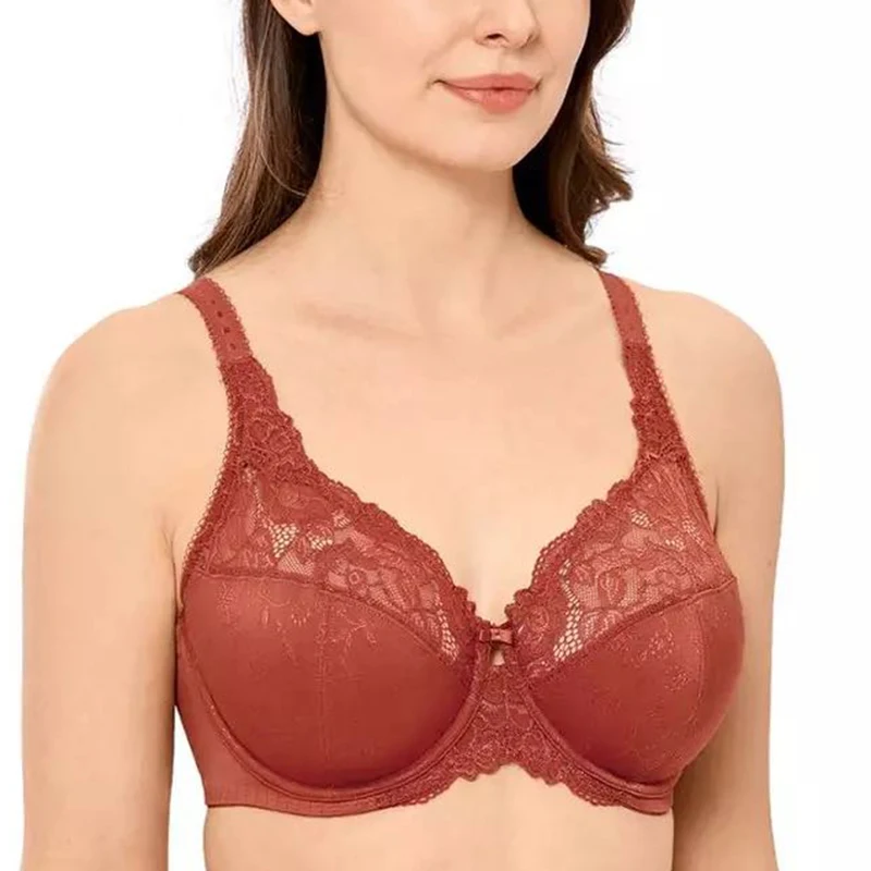 Women's Full Coverage Underwire Non-padded Lace Floral Embroidery Figure Minimizer Bra 34~44 E F G H | Женская одежда