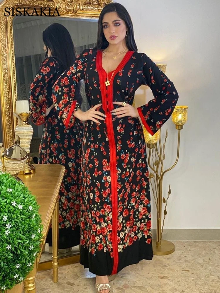 

Siskakia Muslim Clothing for Women Ethnic Ribbon V Neck Long Sleeve Maxi Dress Autumn 2021 Middle East Arabic Dubai Abaya Floral