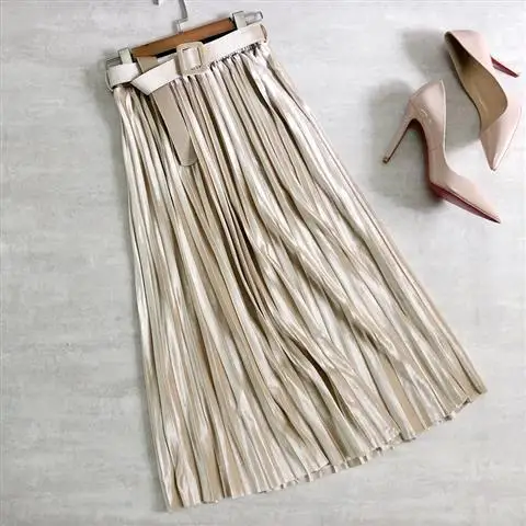 

Vintage Elastic Waist Skirt Women Winter Fashion Slim A- Line Mid-Length Sashes Velour Long Skirt Big Hem Pleated Skirts Y143