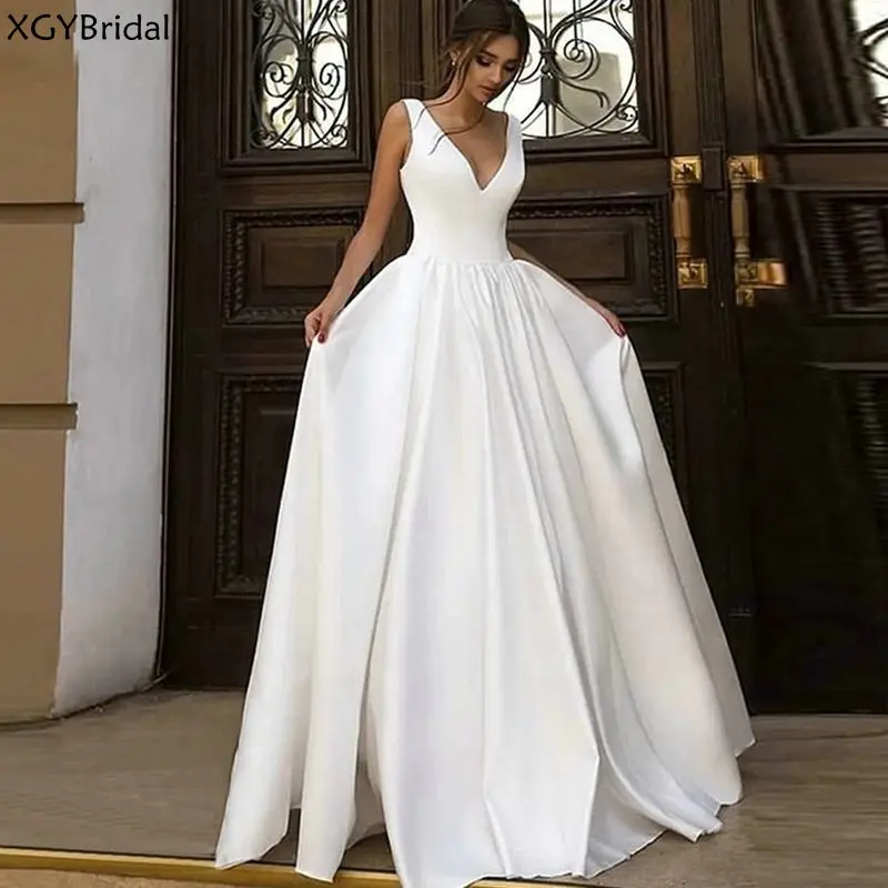 

New Arrival Sexy Bridal Dresses 2021 Elegant V-Neck Satin Sleeveless Pageant BOHO Wedding Gowns Long Beach Simple Wedding Dress