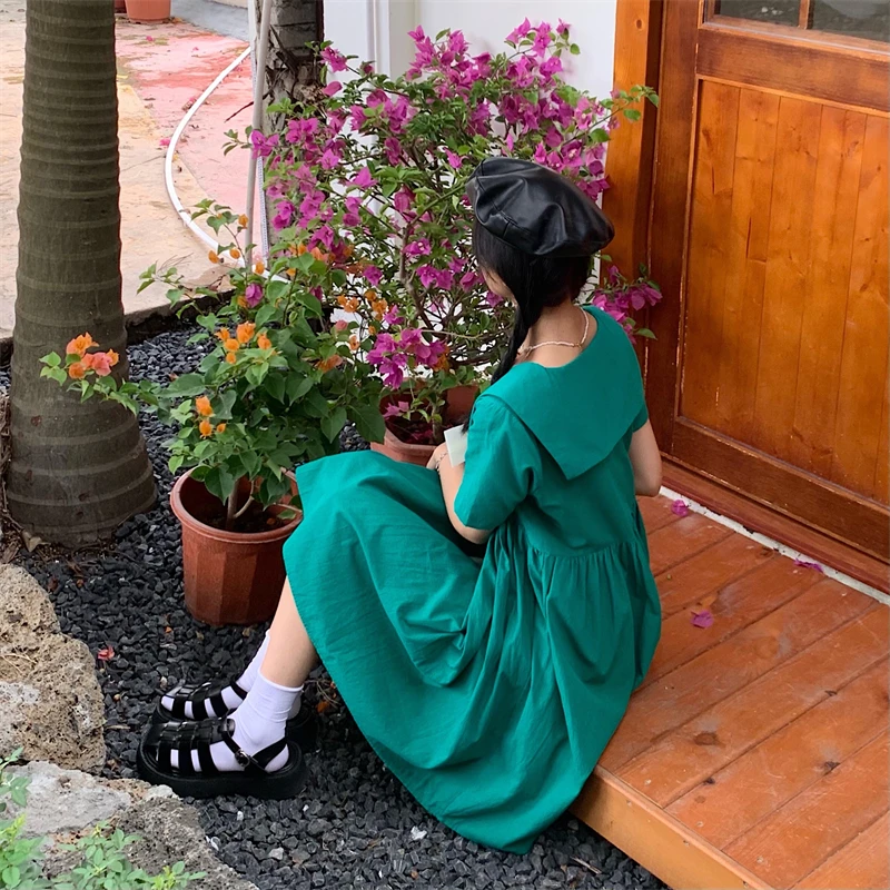 

Sannian Women Dress Summer New Cute Solid Color Navy Collar Bowknot Student Short-sleeved A-line Dresses Ladies Clothes