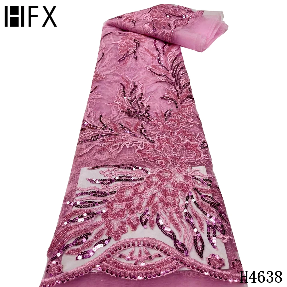 

HFX Sequins Lace Fabrics 2021 African Beaded Lace Fabric Bridal Embroidered Nigerian Lace Fabrics French Net Lace Fabric F4638