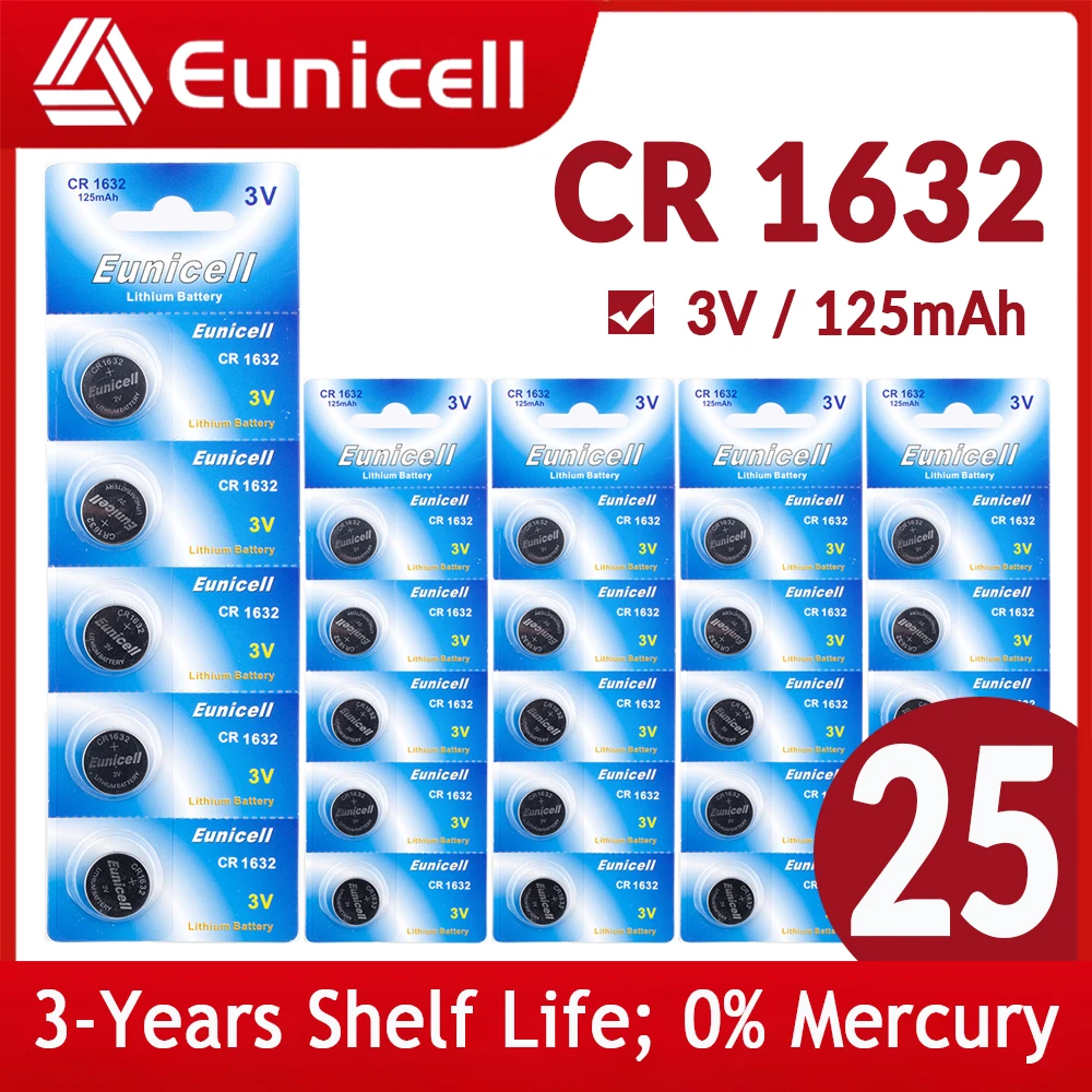 

Eunicell 25PCS 125mAh CR1632 Button Coin Cell Battery For Watch Car Remote Key CR 1632 ECR1632 LM1632 BR1632 3V Lithium Battery