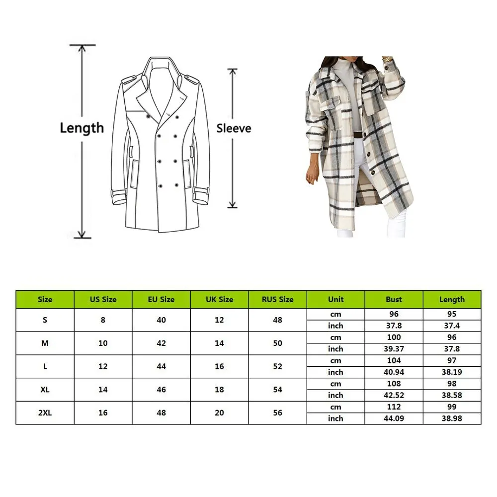 

Hot Sale Women Autumn Winter Plaid Print Long Sleeve Coat Fashion Turn Down Collar Loose Single Breasted Long Shirt Coat Female