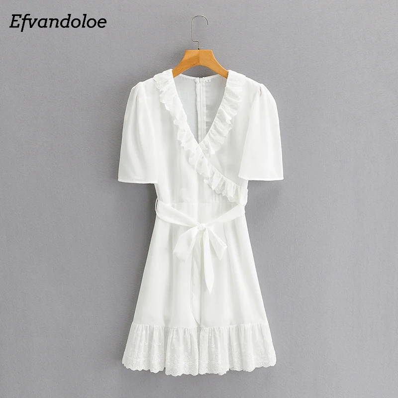 

Женское мини-платье с коротким рукавом, белое элегантное платье с V-образным вырезом, оборками и поясом, лето 2021