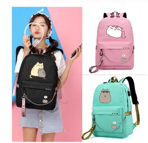 Милый жирный кот рюкзаки для девочек обратно в школу плечи рюкзак Usb зарядка холщовая дорожная сумка подростковые сумки для ноутбука
