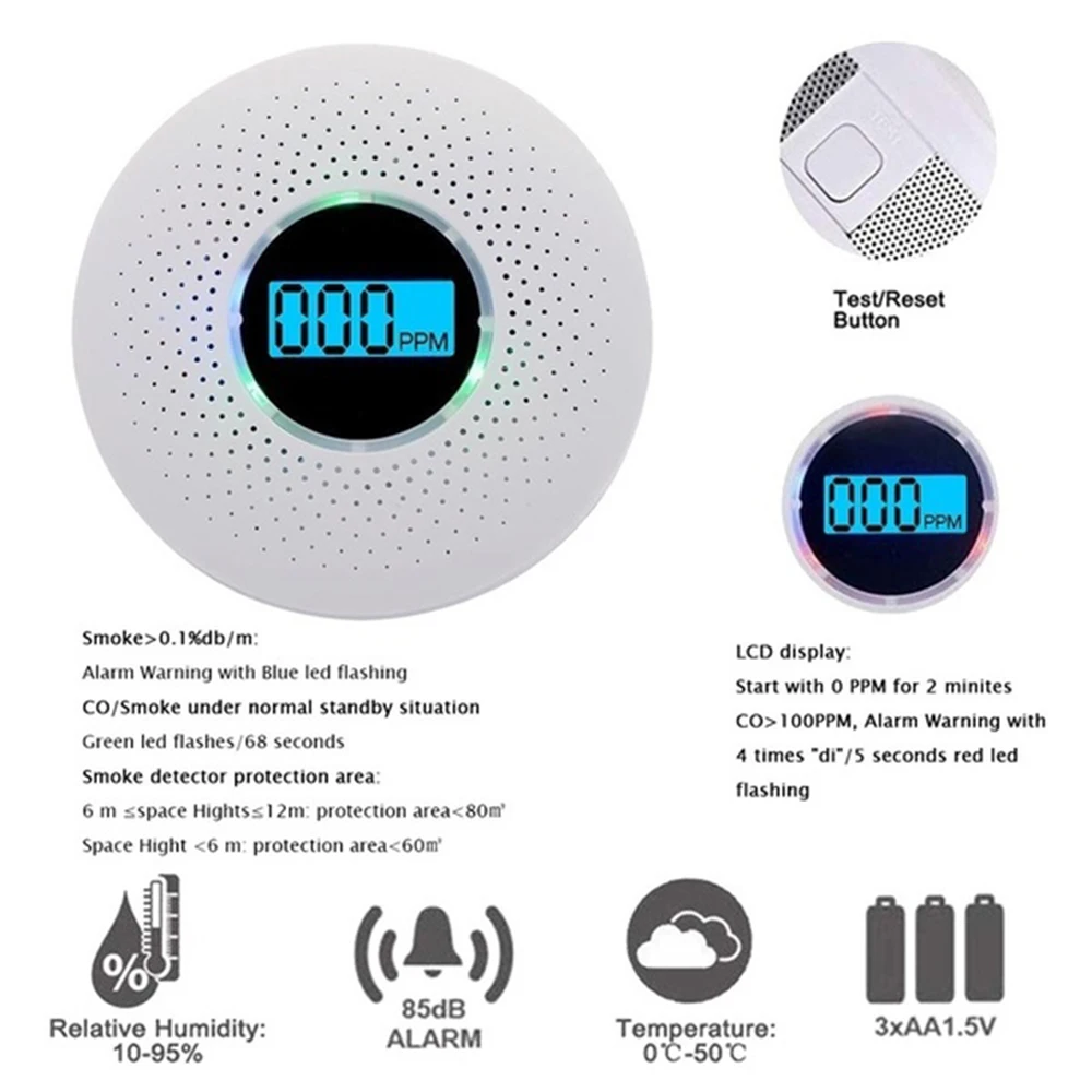 High Sensitive Smoke Carbon Monoxide Detector CO Alarm With Voice Warning LCD Light For Home Office Security 1pcs | Безопасность и