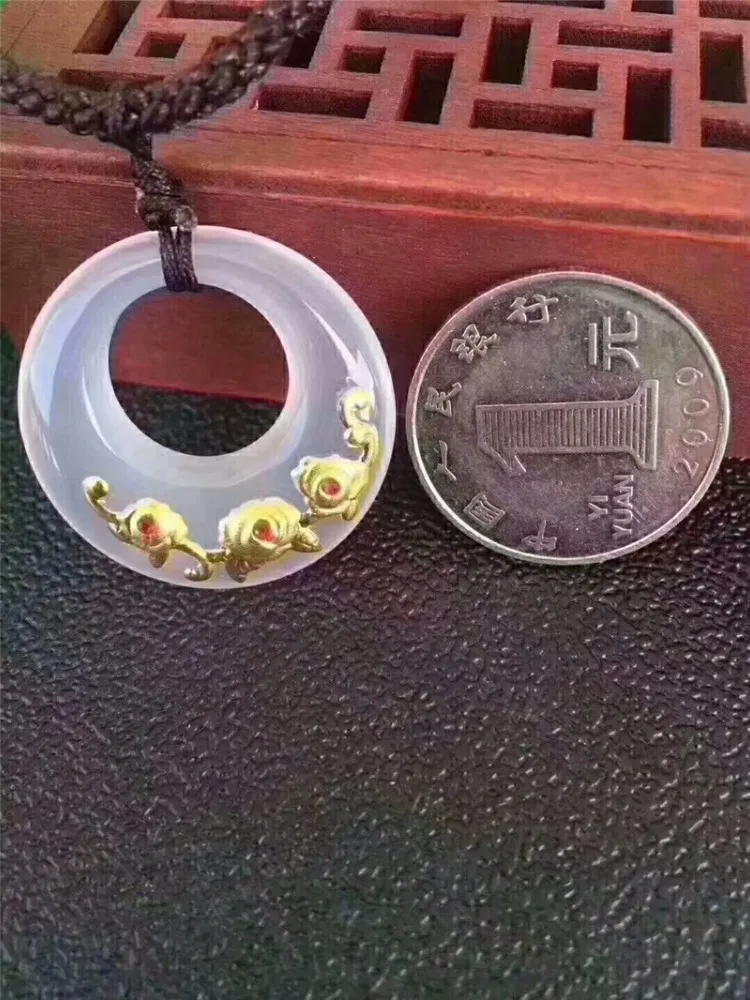 

LETSFUN 24K Gold Flowers Inlaid Wada Jade Pendant Rope Necklace Fashion Temperament Accessories Gifts