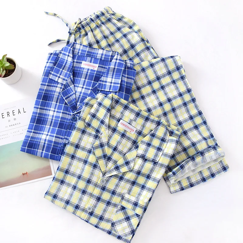 Мужской Хлопковый марлевый клетчатый Пижамный костюм осенняя тонкая пижама с