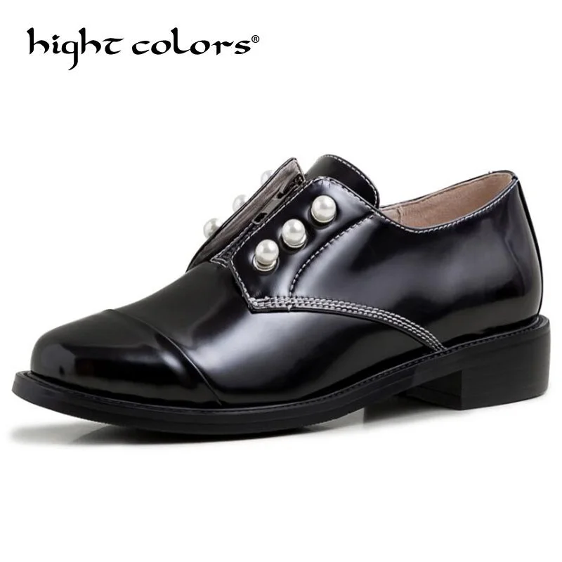 

Броги в британском стиле; Оксфорды с толстым круглым носком; Женские брендовые Красивые лоферы с жемчугом; Женские офисные черные кожаные т...