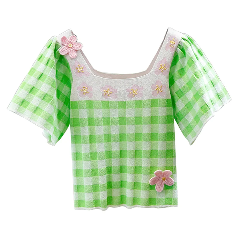 

Beaded Sweet Tridimensional Flower Square Collar Knitted T Shirt for Women Color-Contrast Plaid Crop Top Ladies Tee