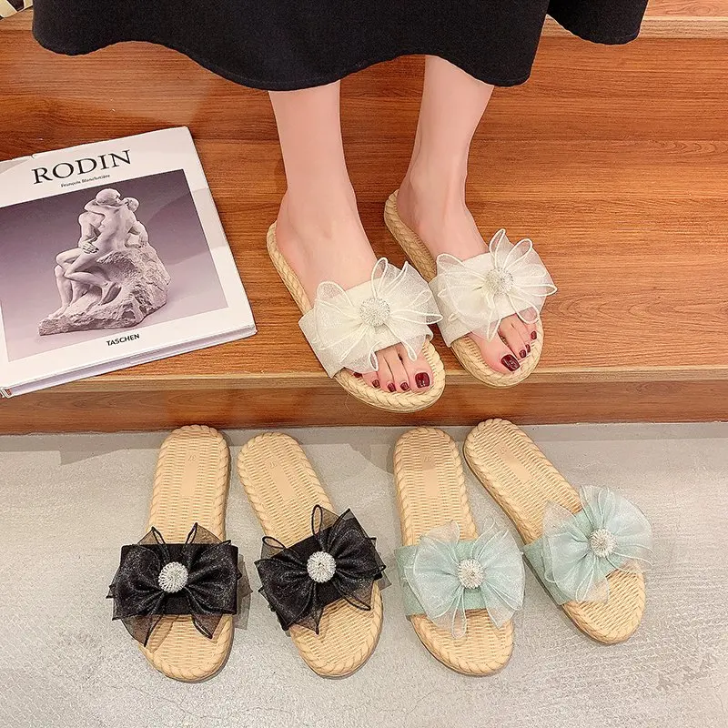 

Flat Shoes Female Slippers Casual Slides Summer Clogs Woman Low Luxury Beach Soft Rome Rubber Basic PU Fabric Flat Shoes Female
