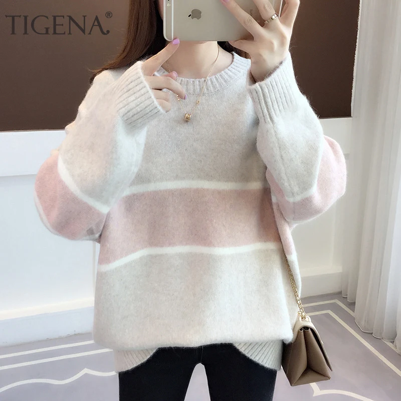 Женский свободный вязаный свитер TIGENA толстый теплый пуловер для женщин на зиму |