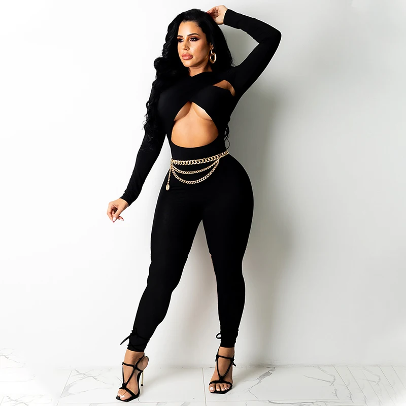 

Bonnie Forest Casual Cut Out Skinny Jumpsuits Women Romper Autumn Long Sleeve Solid Matching Jumpsuits Workout Overalls Clubwear