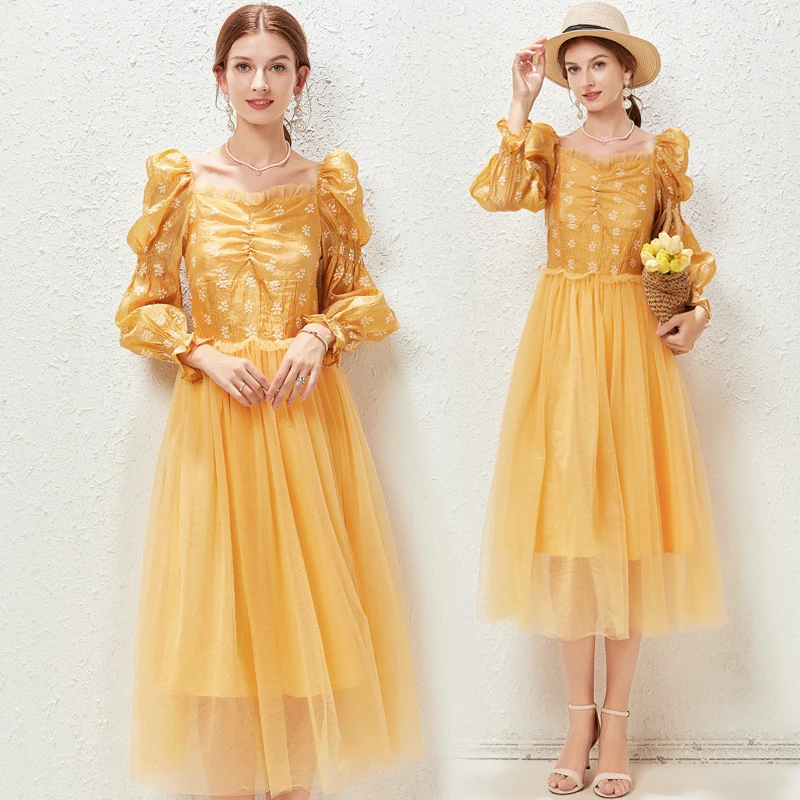

Autumn Fashion Runway Designer Elegant Party Dress Women Square Collar Lantern Sleeve Vintage Splicing Mesh Jacquard Dress