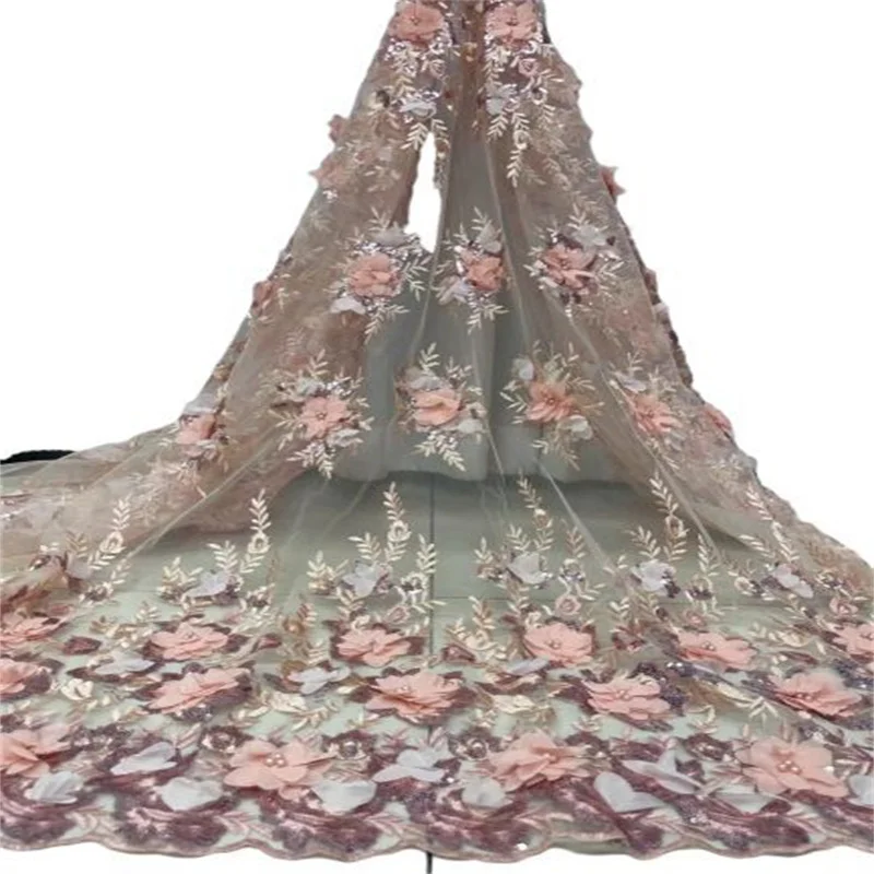 

African 3D Flower Beads Lace Fabric Sequins 5 Yards Nigerian Tulle Lace Fabrics 2021 High Quality For Diy Dress Sewing Wedding