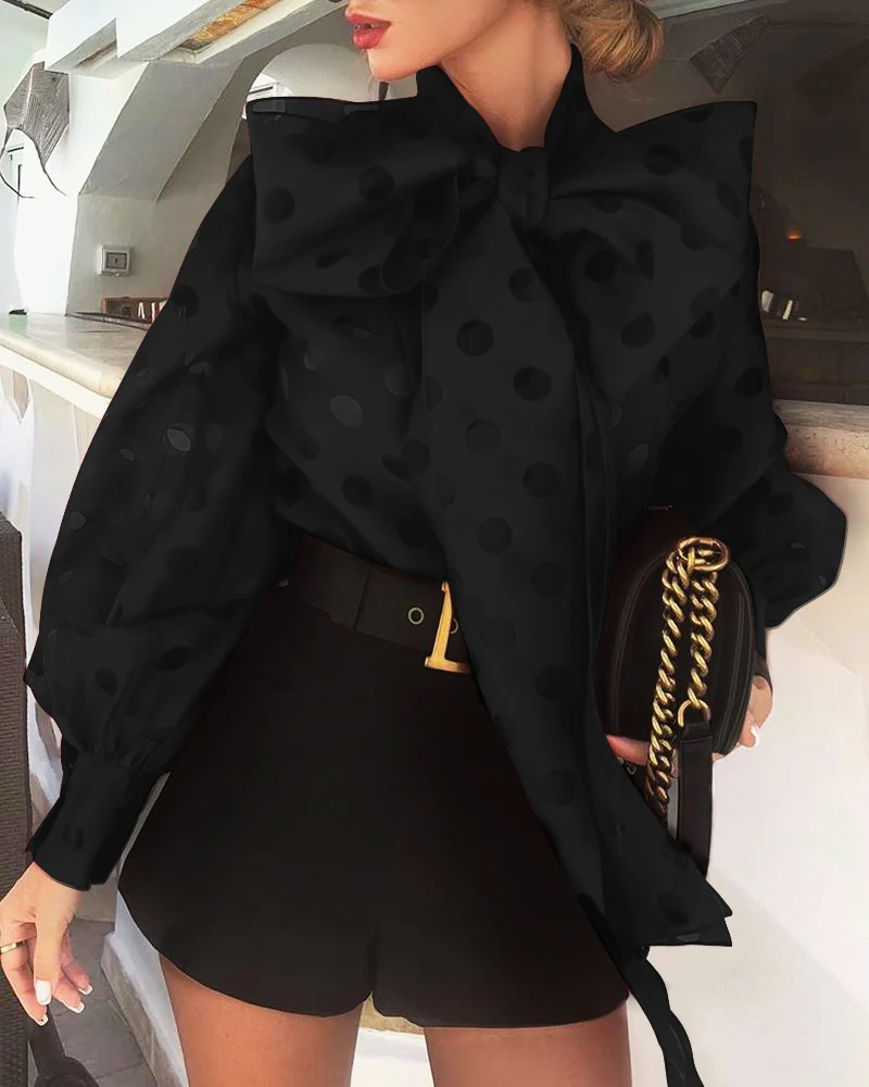 

Polka Dots Transparent T Shirt Women Big Bow Knot Long Sleeve Shirt Elegant Lantern Sleeve White Red Blusa 2019 Casual T-shirts