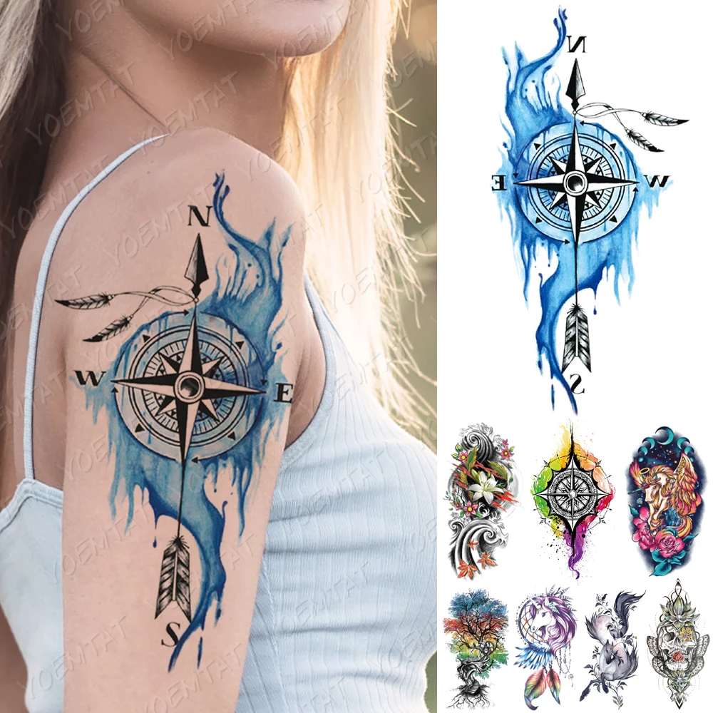 Фото Водонепроницаемый временный стикер татуировки синий компас стрела Единорог