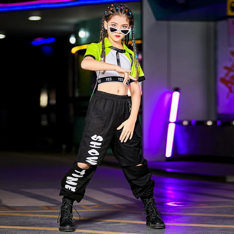 

Детская одежда в стиле хип-хоп, зеленый топ с коротким рукавом для девочек, черные брюки для танцев в стиле хип-хоп, костюм для джазовых предс...