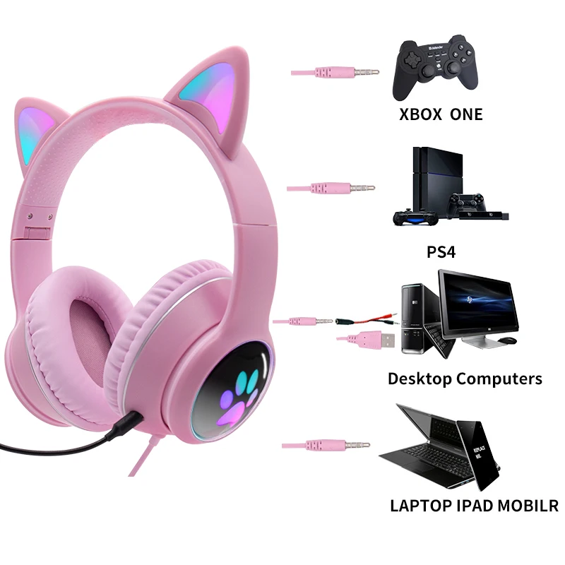 Cat Ear Gamer Headset Girl Cute Headset Double Noise-Cancelling Headphone With Microphone RGB Light Virtual 7.1 Auriculares Gift images - 6