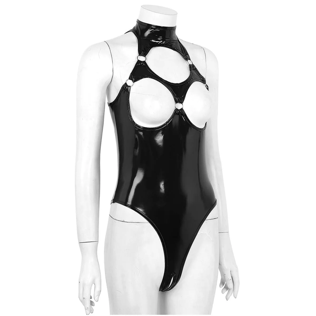 Sexy Womens Wet Look Patent Leather Latex Catsuit Erotic Leotard Costumes Hollow Out Nipples Crotchless Thong Bodysuit | Тематическая