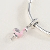 925 sterling silver pink enamel cz zircon animal flamingo pendant charm bracelet diy jewelry making for original pandora