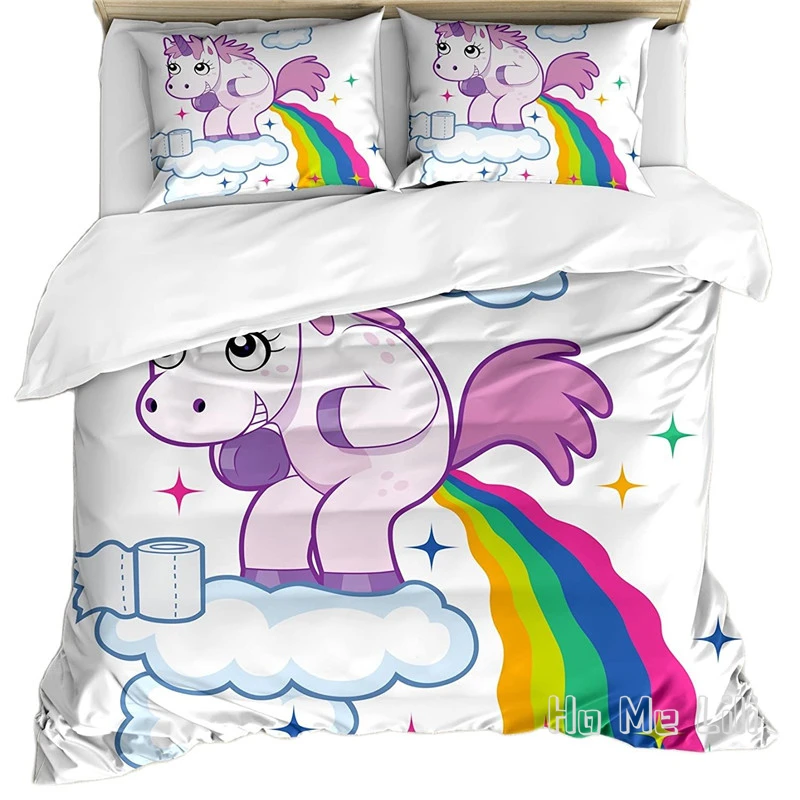 

Funny By Ho Me Lili Duvet Cover Set Unicorn Pooping Rainbow Over Clouds Creative Girls Fantasy Cartoon Decor Bedding