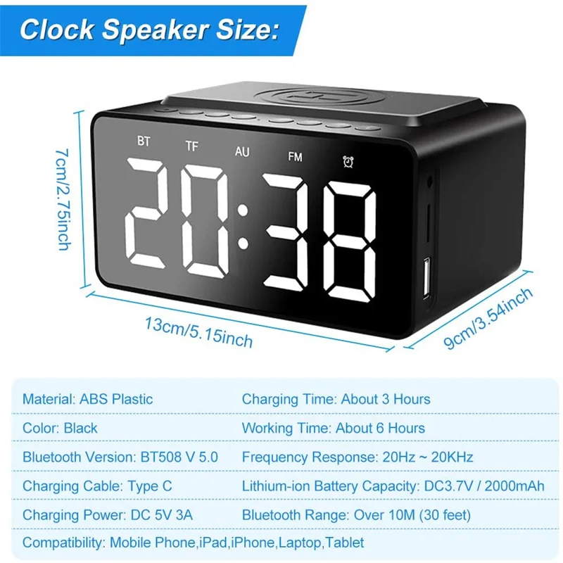 alarm clock digital Bluetooth Speaker fm radio with USB Charger &amp Wireless QI Charging 3 Level Digital Desktop Clock | Дом и сад