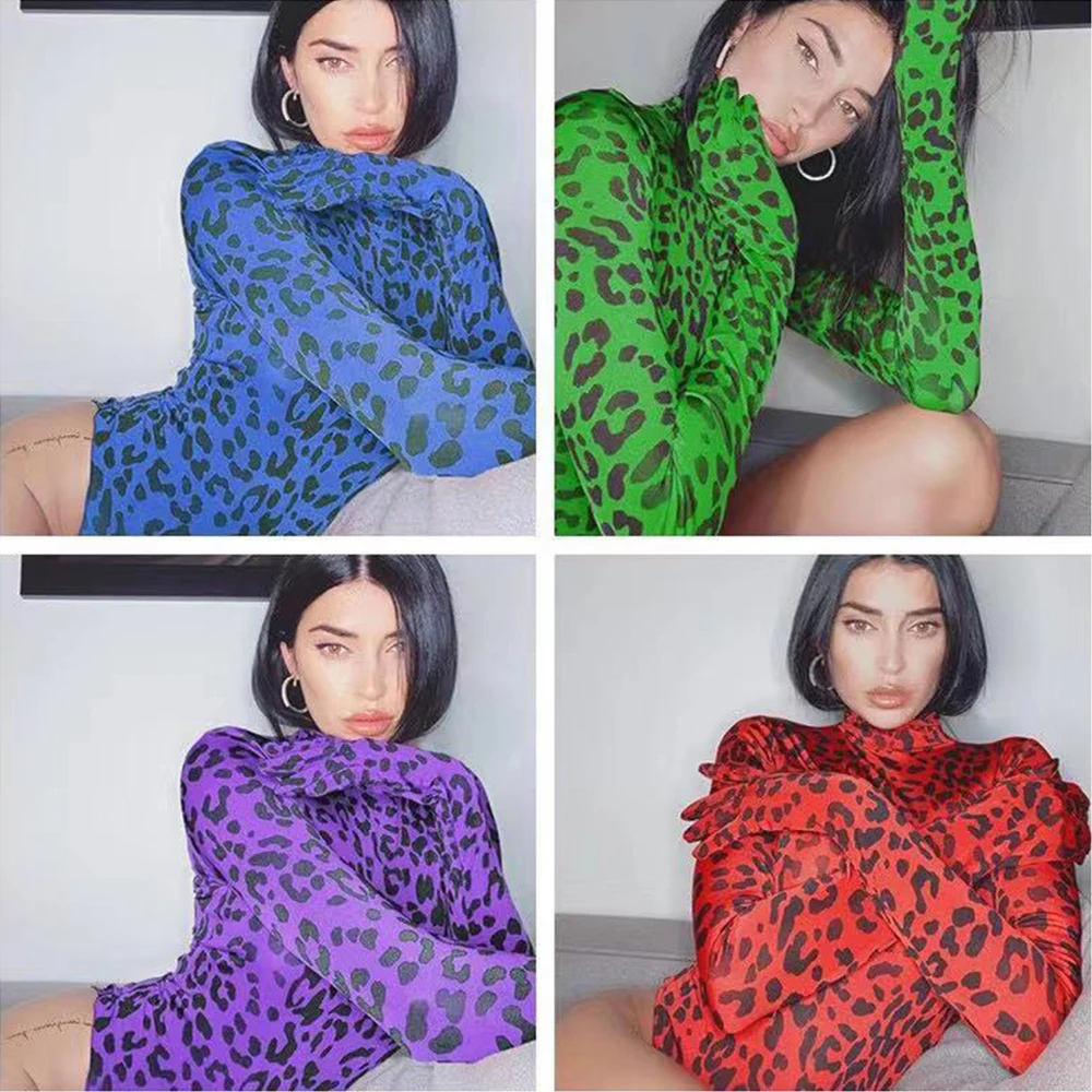 Модные женские комбинезоны с рукавами и перчатками и леопардовым принтом, голубые, зеленые, красные и фиолетовые.