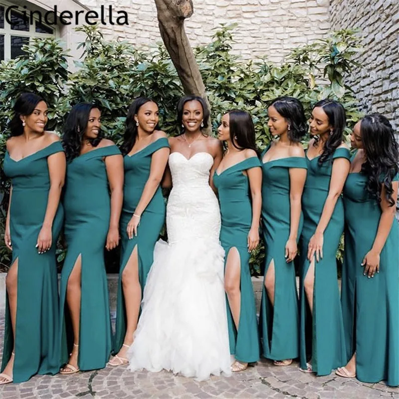 

Bridesmaid Dresses Off The Shoulder Floor Length Sweep Train Silk Satin Mermaid Wedding Party Bridesmaid Dresses Lace Up Back