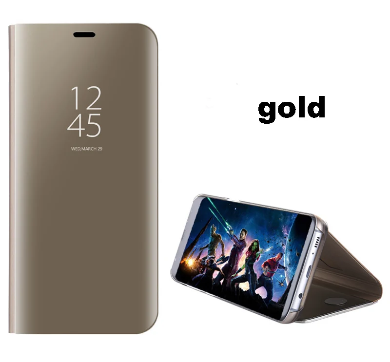 Умный зеркальный флип-чехол для телефона для samsung Galaxy S10E S9 S8 S10 плюс S7 край пленка для экрана с четким изображением A3 A5 A7 J3 J5 J7 A6 A8 PU чехол s - Цвет: gold