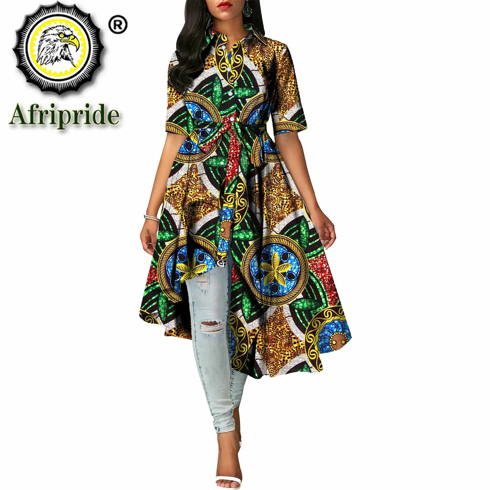 2023 women`s shirt dress floral formal outfits short sleeve a-line knee dress african print dresses for women AFRIPRIDE S1925097