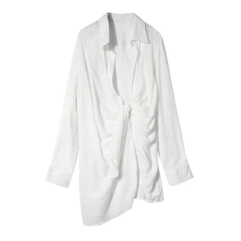 

DEAT 2021 New Summer Turn-down Collar Full Women Clothes Asymmetrical Sleeves Dobby White Dress Female Vestido WB52300
