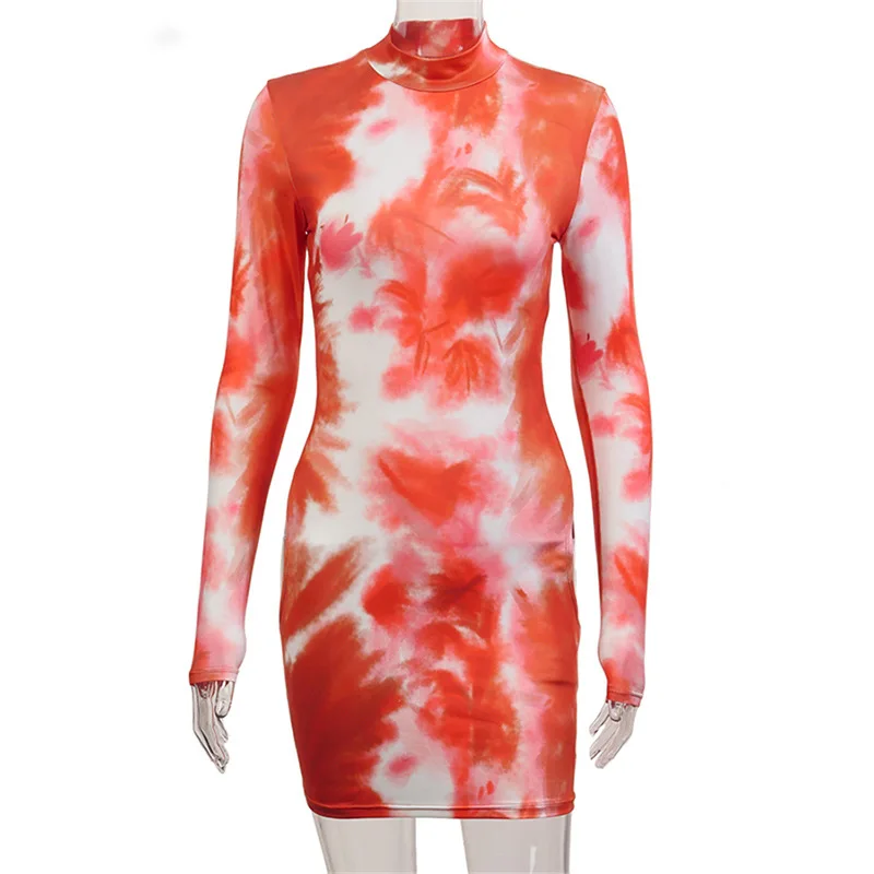 

Women Dress2021 New Fashion Tight Long Sleeve Round Neck Sexy Casual Tie Dye BOD Mini Dress