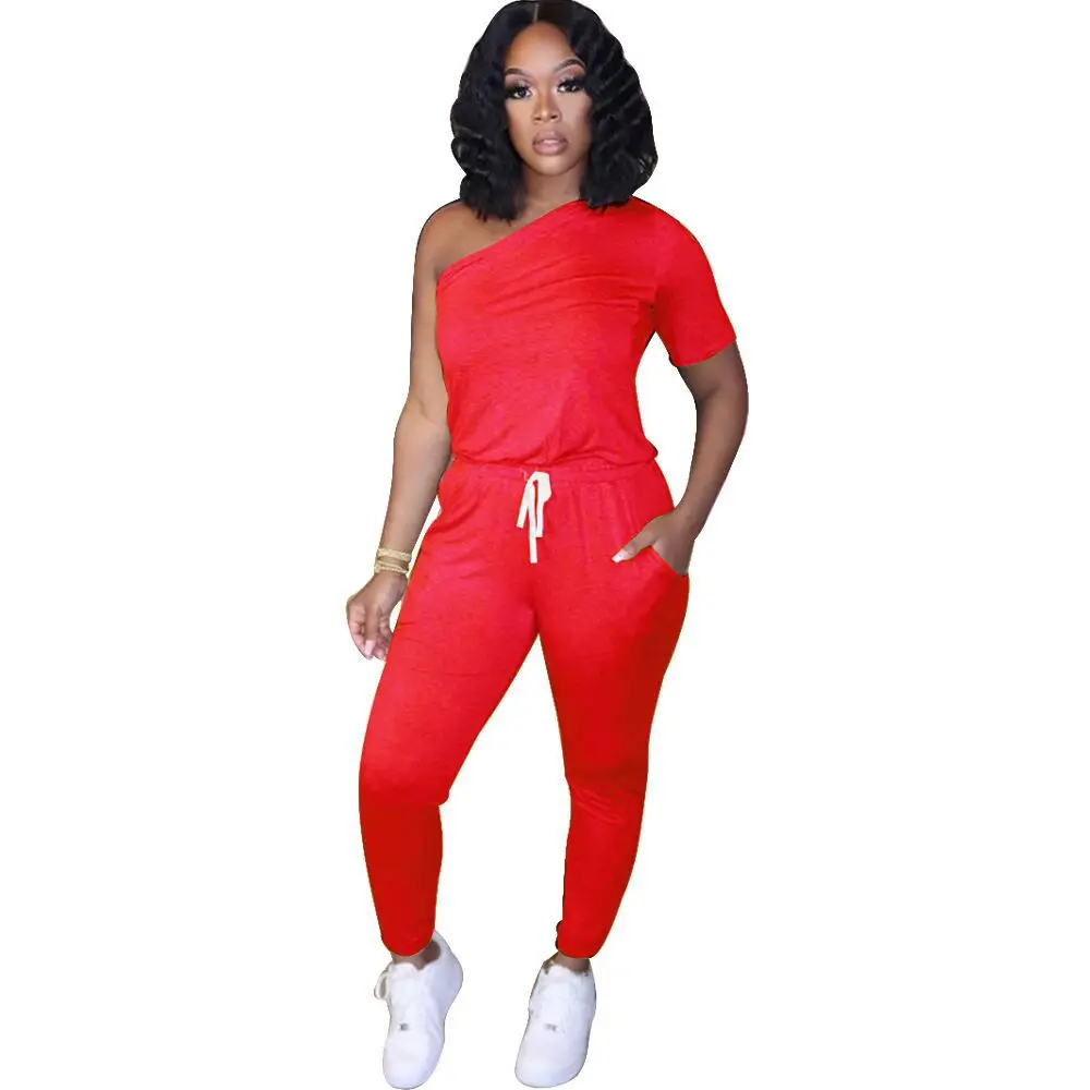 European and American sexy women's oblique shoulder half-sleeve solid color slim fit ladies sports jumpsuit