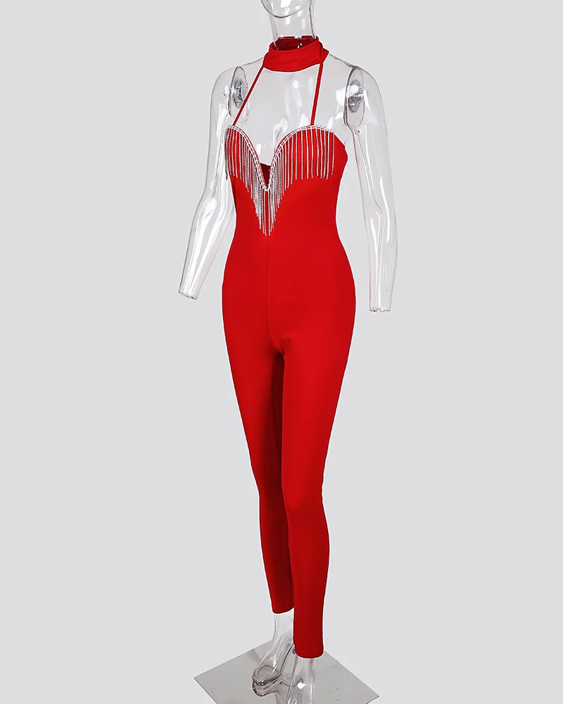 2020 Women Elegant Sexy Leisure Jumpsuit Female Stylish Club Party Romper Choker Sleeveless Tassel Design Jumpsuit