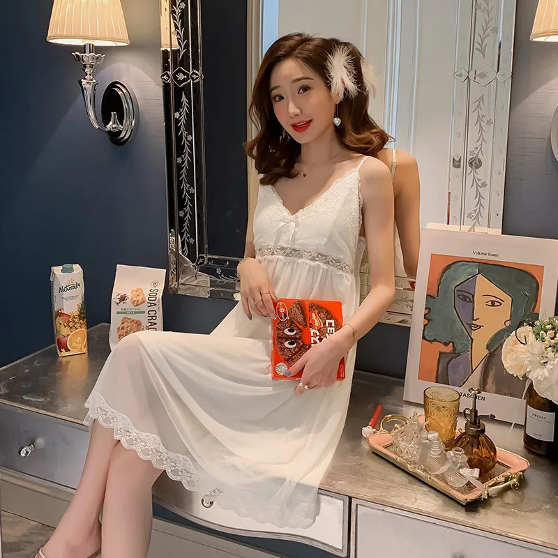 Nightdress Women's Summer Nightdress Thin Sling Gown Sexy Nightgown Lace Backless Court Princess Dress with Bra Female Sleepwear