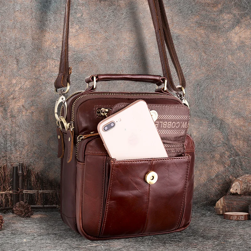 2021 Genuine Leather Men Message Crossbody Bags For iPad Vintage Travel Handbag Zipper Metal Buckle Business Male Shoulder Pocke