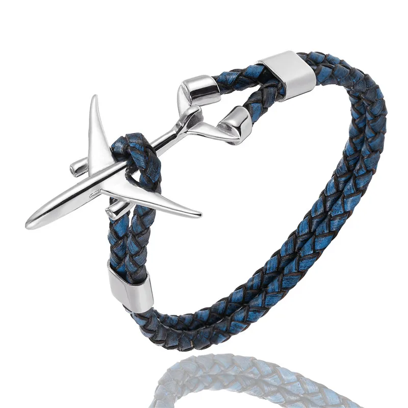 MKENDN Hot Sale Stainless Steel Airplane Anchor Bracelets Men Women Genuine Multilayer Leather Bracelet Freestyle Homme Jewelry