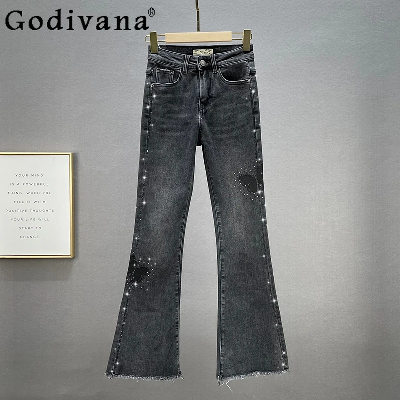 

Wide Leg Black Jeans for Women 2022 Spring High Waist Slimming Denim Trousers Female Rhinestone Black Casual Bootcut Pants