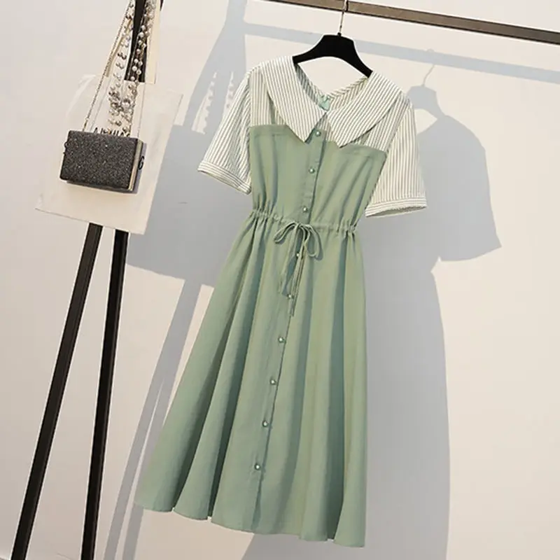 

Summer Stripe Dress Plus Size Fashion Patchwork Green Dress Slim Lacing Waist Peter Pan Collar Single Breasted Long A-line Dress