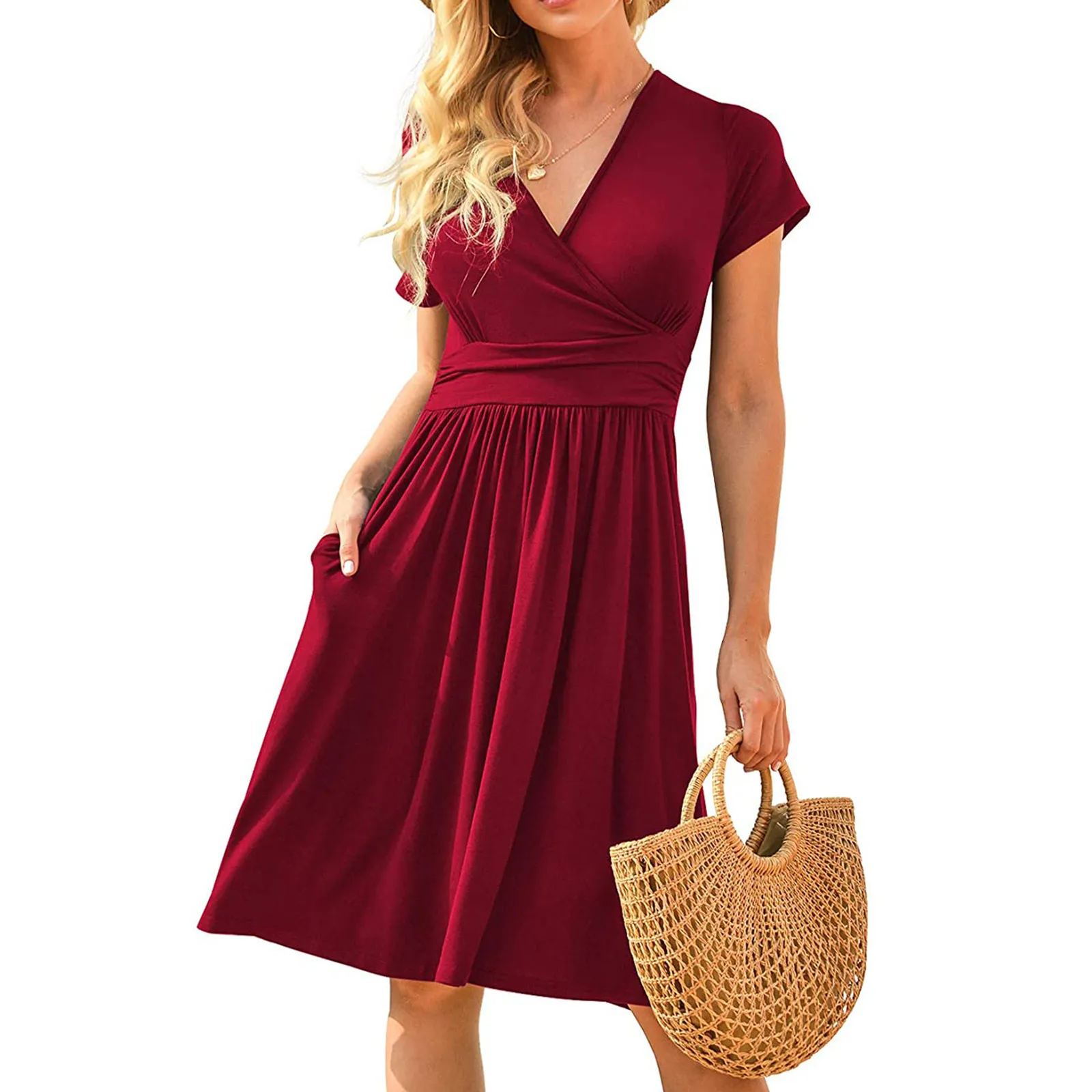 

Women Fashion Casual Comfy Sexy Solid Color V-Neck Pocketed Short Sleeve Dress Fashion sexy solid color pocket slim V-neck robe