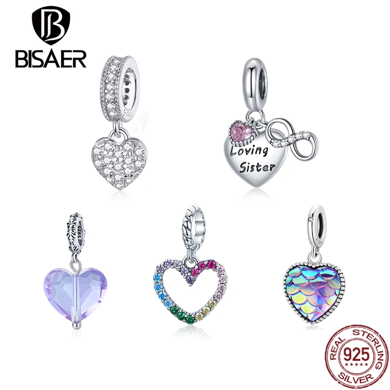 

BISAER Charms 925 Sterling Silver Heart Shape Origional CZ Beads Pendant Fit DIY Pan Bracelets For Women Fine Jewelry HVC414