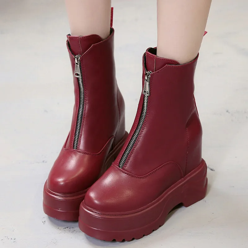 Winter Women Leather Boots Round Toe Platform Height Increasing Chunky Antiskid Bottom High Thick Heels Ladies Shoes Botas Mujer | Обувь