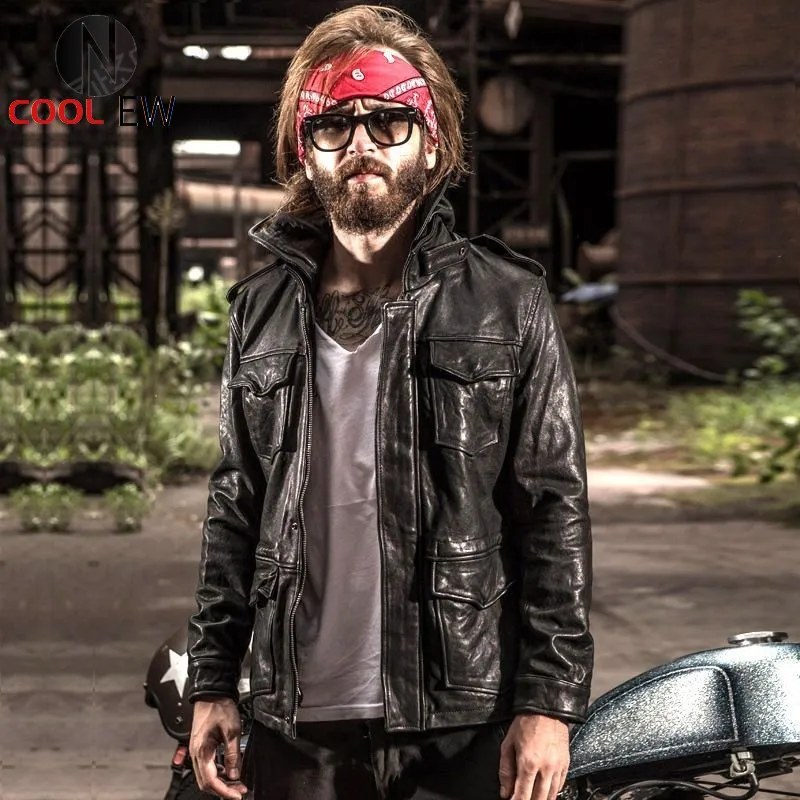 

Plus Size 5XL Men Hoodie Hunting Genuine Leather Jacket Pockets Casual Biker Coat Luxury Autumn Winter Motorcycle Leather Jacket