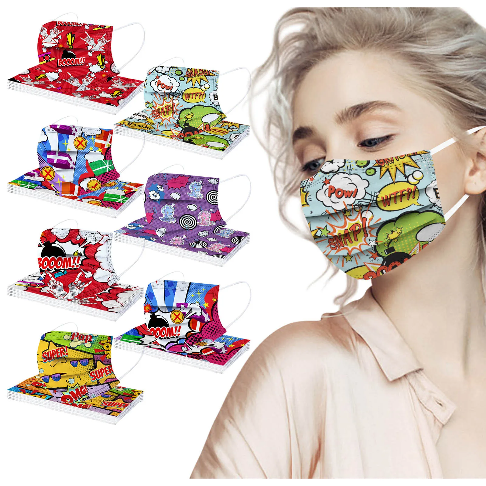 

10pcs Adults Mask Disposable Face Mask Comic Print Mouth Cover Facemask Mascarillas Desechable Halloween Cosplay Mascherine Mask